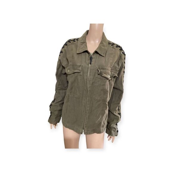Free People Green Faye Military Over Sized Lace Up Sleeves Jacket M - Picture 1 of 7